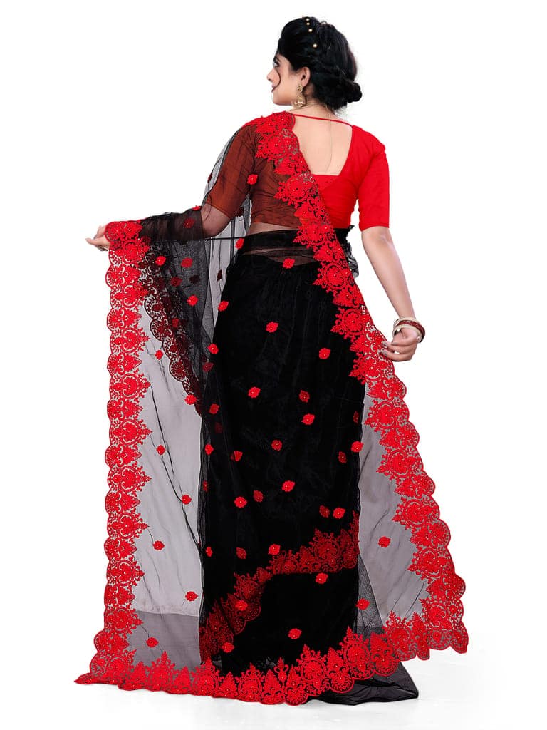 Embroidered Bollywood Net Saree (Black_Red) view 2