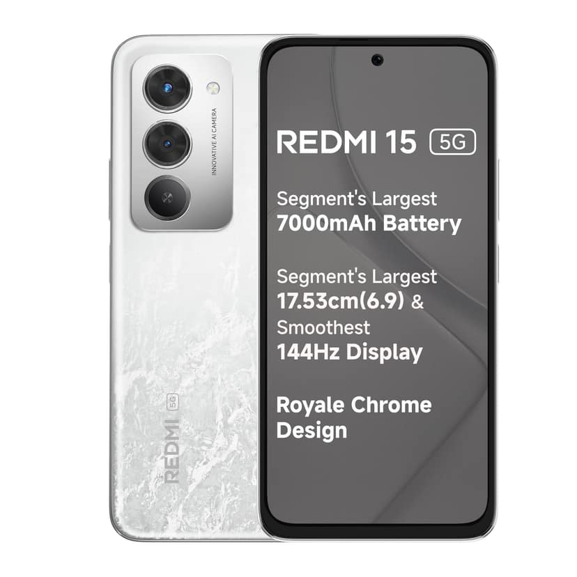 Redmi 15 5G Frosted White 8GB + 128GB | Segment's Largest 7000mAhA Battery | Segment's Largest Display 17.53cm(6.9) Up to 144Hz | Snapdragon 6s Gen 3 | 18W Reverse Charging | 50MP AI Dual Camera