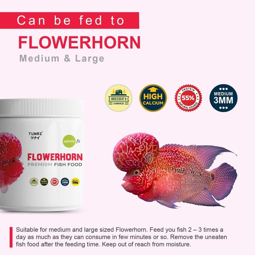 Tunai Premium Fish Food for Flowerhorn | 55% Protein | Formulated Taiwan for Better Growth of Hump and Color (250g - 3MM Pellets) view 2