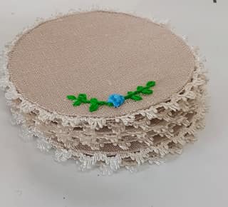 Laxmi Creations Hand-Embroidered Jute Coaster Set | 6" Round Coasters with Lace | Set of 6 | Eco-Friendly Table Décor