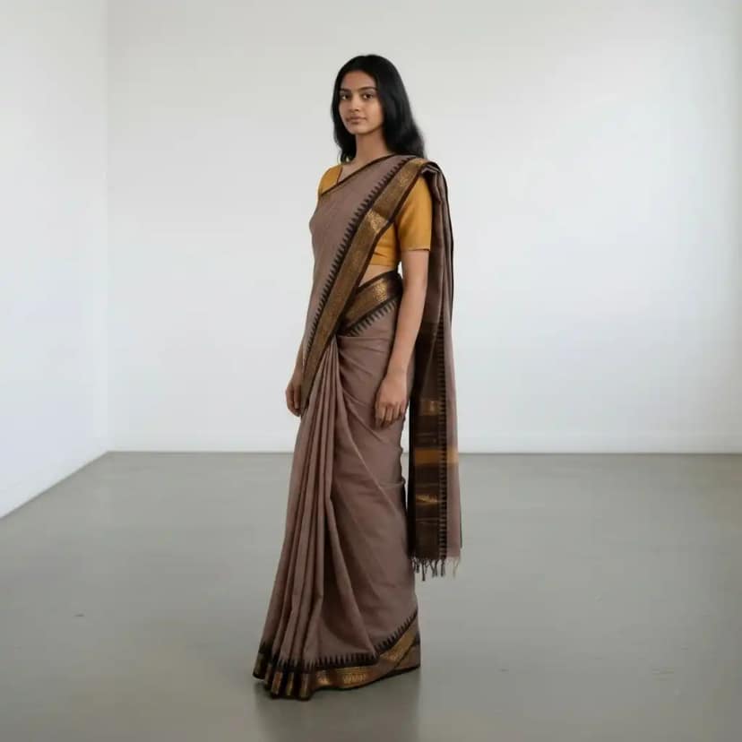 Handwoven Kanchipuram Cotton Saree in Beige with Golden Temple Border view 2