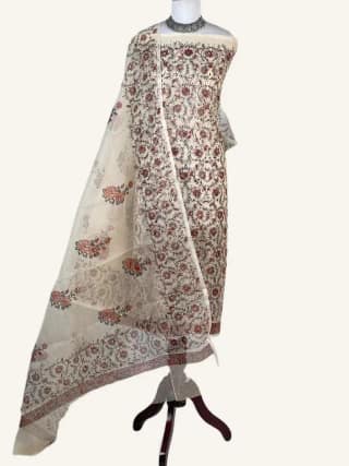 Kota Doria Dress Material Ivory Red Floral Jaal