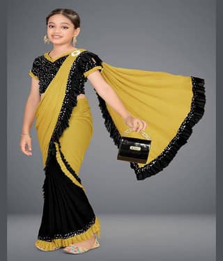 HARPITA Lycra Saree For Girls ( Mustard , Pack of 1 )