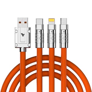 Vaku Luxos 3-in-1 Fast Charging Data Sync Cable, 120W Durable Silicone Cable with Lightning, Type-C & Micro USB Ports - Orange