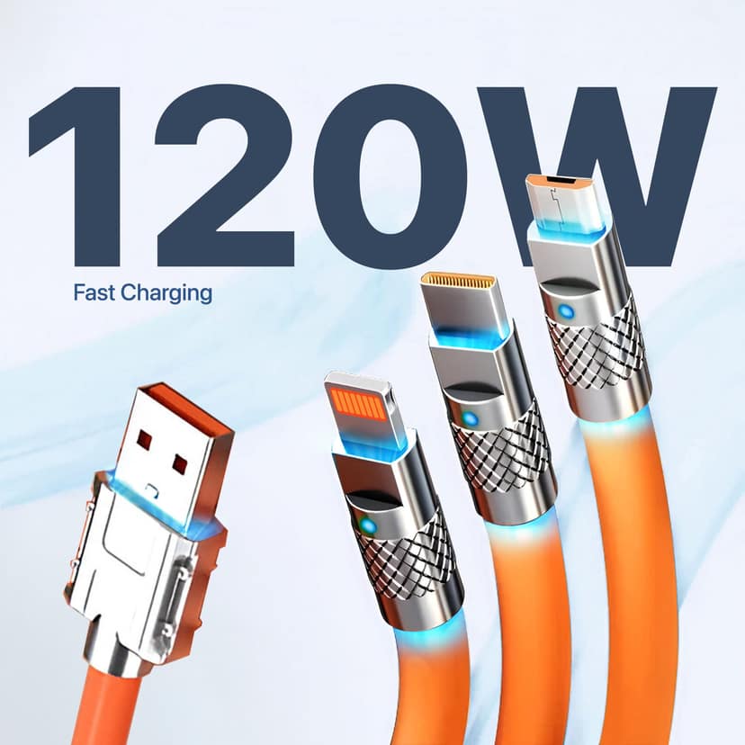 Vaku Luxos 3-in-1 Fast Charging Data Sync Cable, 120W Durable Silicone Cable with Lightning, Type-C & Micro USB Ports - Orange view 2