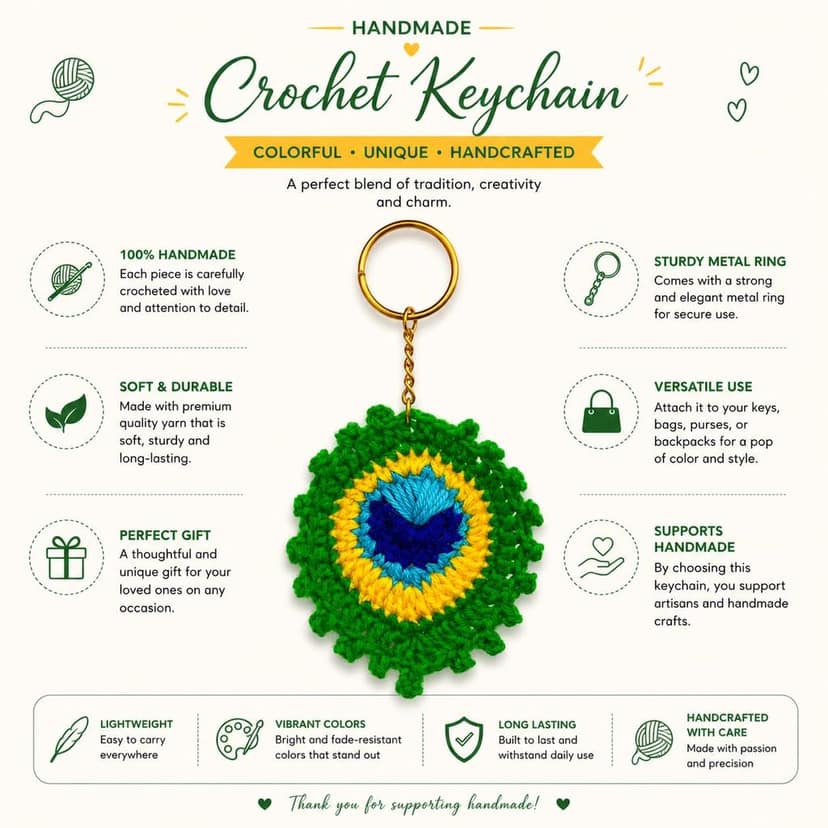 Rareity Aromatic Handmade Crochet Peacock Feather Keychain | Premium Hand-Knitted Yarn Key Ring | Decorative Bag Charm | Car Key Accessory | Boho Handmade Gift for Women & Men view 2
