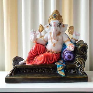 AMS Handcrafted Poly Marble Ganesh Idol | 40 cm Big Lord Ganesha Statue on Throne with Crown, Modak & Blessing Hand | Vastu Ganpati Murti for Housewarming Gift Office, Door Entrance & Home Decor