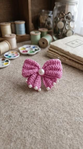 Pink Crochet Bow Hair Clip with Pearl Detailing | Handmade Knitted Hair Accessory for Girls & Women