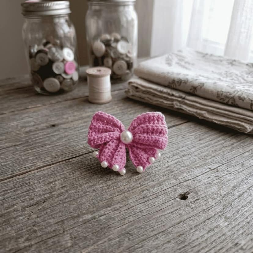 Pink Crochet Bow Hair Clip with Pearl Detailing | Handmade Knitted Hair Accessory for Girls & Women view 2