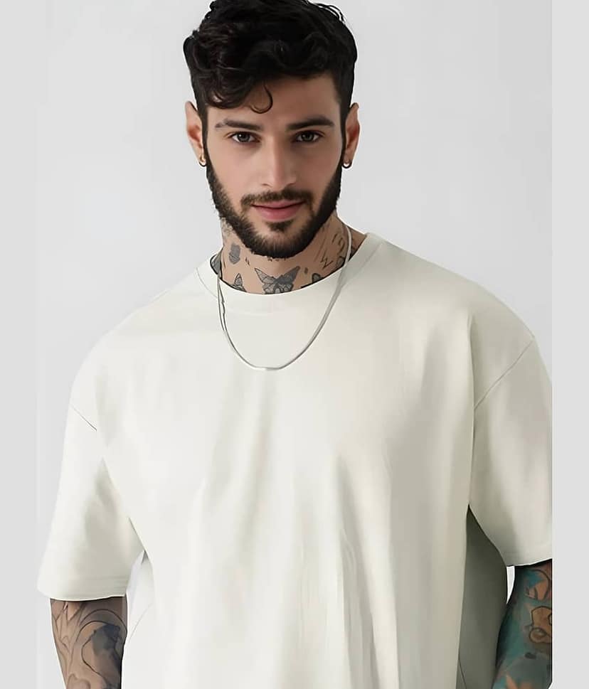 CrazyBee Men Cotton Blend Oversized Fit Solid T-Shirt ( Beige ) view 2