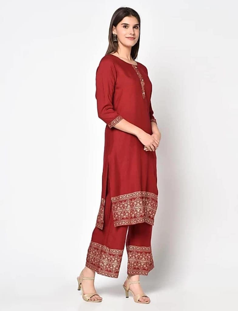 ATTIRIS Women's Rayon Straight Solid Calf Length Kurta Palazzo Set with Dupatta, Round Neck, 3/4th Sleeve. view 2