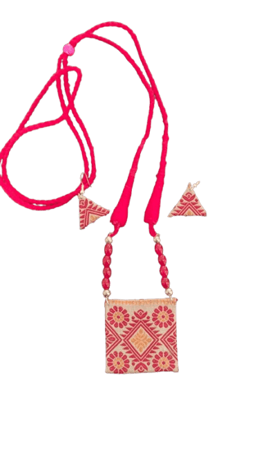 Assamese Handmade Woolen Thread Necklace and Earrings Jewelry Set (RED) view 2