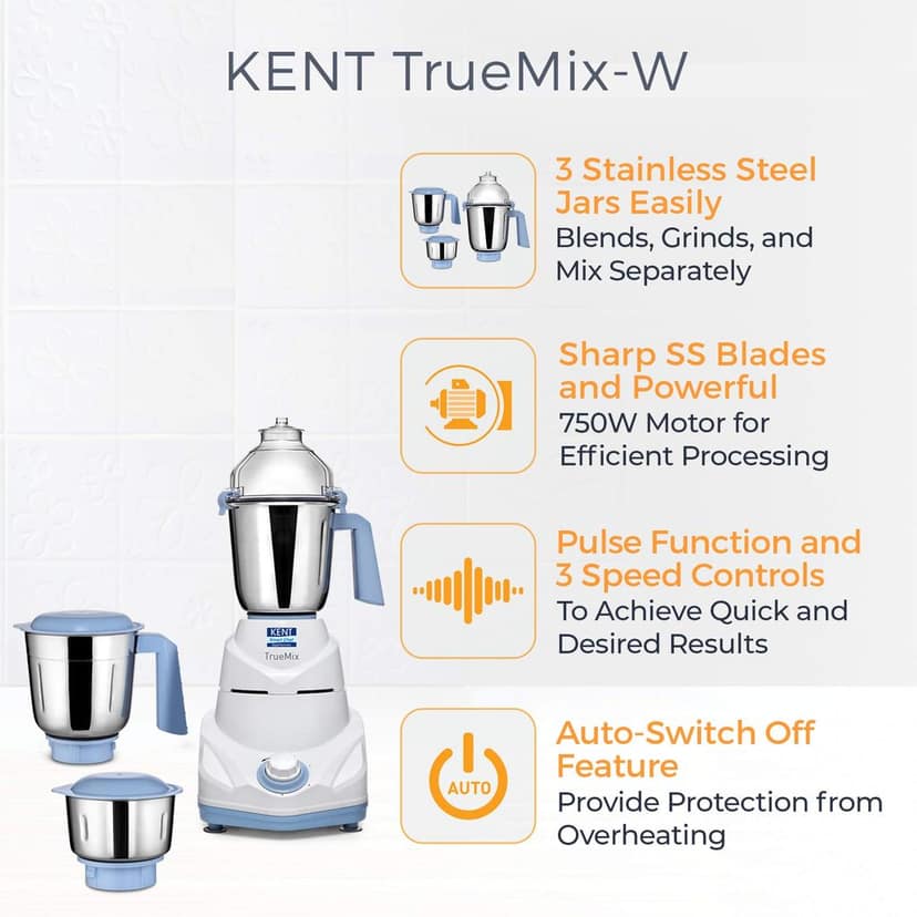 KENT 16064 TrueMix-W 750W | Pulse Function | Auto Shut-Off | 3 Stainless Steel Jars for Blending, Grinding, & Making Chutney view 2