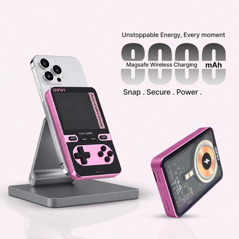 JINX Alpha Pro Wireless Magnetic Powerbank with Retro Video Game|Classic Built-in Retro Games with Powerbank|8000mAh 15W Magsafe Compatible Power Bank Fast Charging for iPhone, Android (Pink) JINX Alpha Pro Wireless Magnetic Powerbank with Retro Video Ga view 2