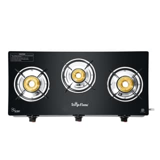 Surya Flame Splendor 3 Burner Gas Stove Toughened Glass Top Brass Burners Stainless Steel Drip Tray 69%+ Thermal Efficiency 2 Year Warranty - Black
