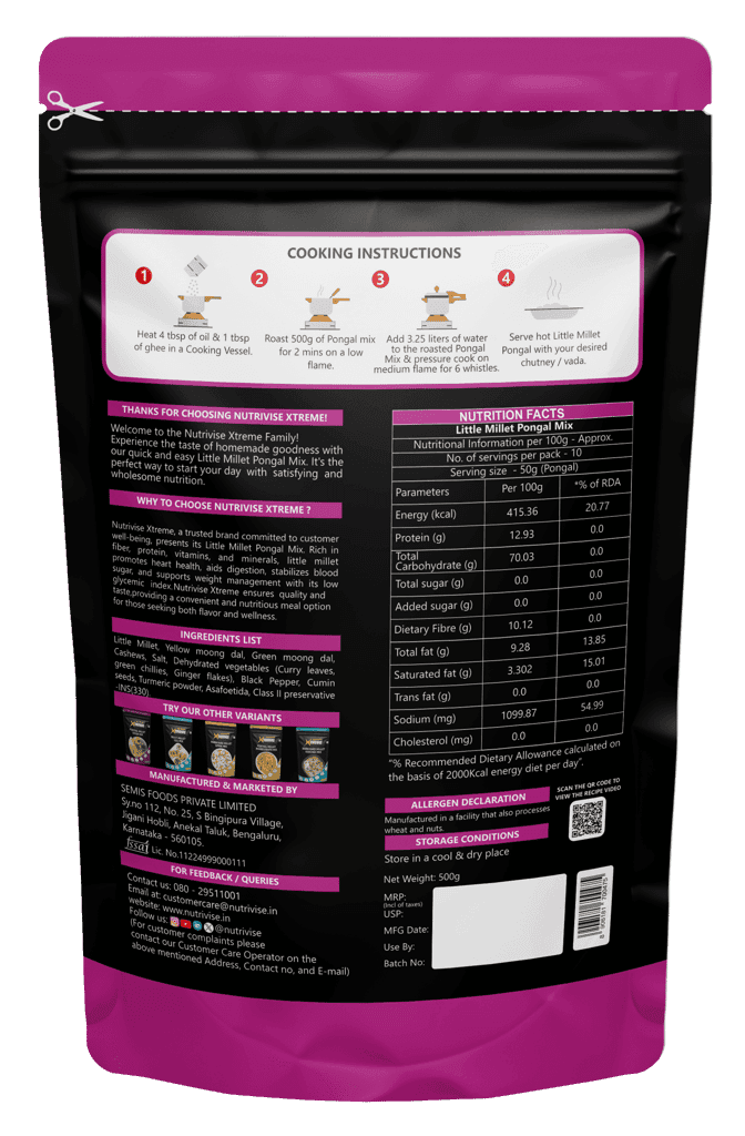Nutrivise Xtreme Instant Mix : Little Millet Pongal Mix|Instant Cook|Low GI|Rich in Protein & Fiber|500g (Pack of 1) view 2
