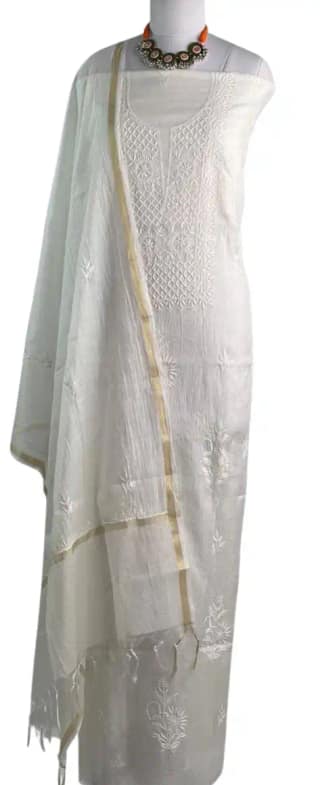 Chikankari Mul Chanderi Dress Material White Jaali Yoke