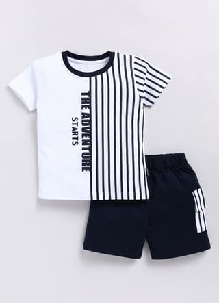 The Adventure Starts - White and Blue Striped T-shirt and Shorts Set for Boys