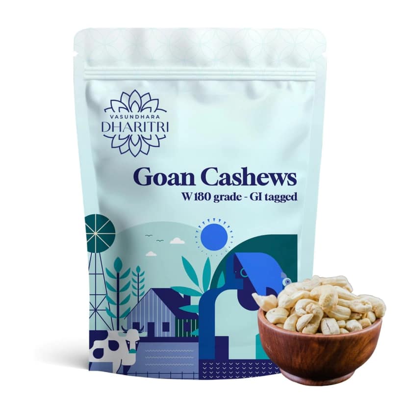 VASUNDHARA DHARITRI Goan Cashews W180 Grade GI Tagged 250gms, Organic Goan Kaju Rich in Protein & Vitamins, Whole Unbroken Cashews for Snacking, Cooking, Festive & Diet Fasting, Gluten Free N
