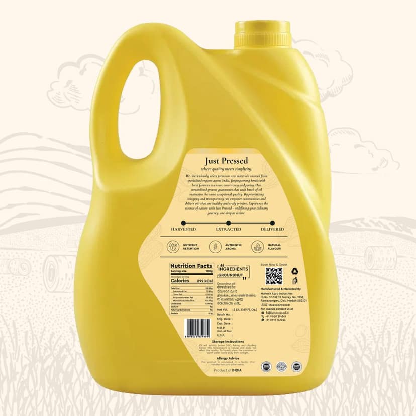 JustPressed Groundnut Oil Cold Pressed | 100% Pure Peanut Oil | Unrefined & Zero Additives | Ground Nut Oil for Healthy Cooking and Daily Cooking | Moongphali Ka Tel | Kachi Ghani Oil | Wood Cold Pressed Oil | Groundnut Oil 5 Ltr view 2