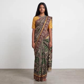 Pedana Kalamkari Print Saree Cream Olive Green