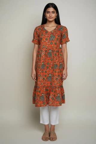Pedana Kalamkari Screen-Print Cotton Dress in Orange
