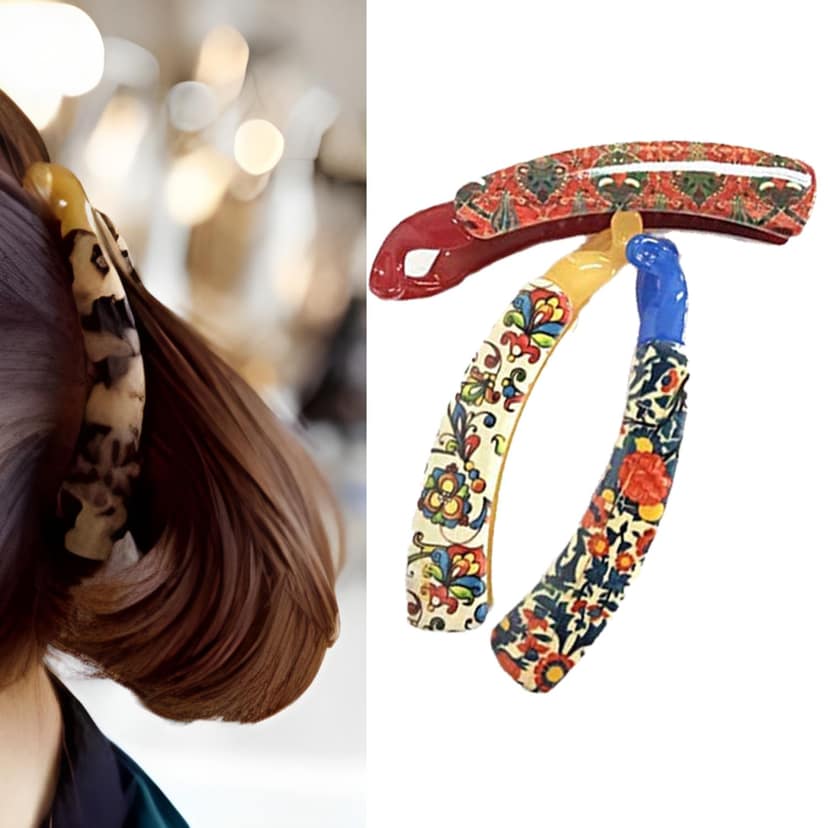 BIRDWARE Big-Size Multi Color Imported Rubber Acrylic Material Stone Banana hair Clips For Women (Multi Colour) | hair clutchers (Pack Of 3 Printed) BIRDWARE Big-Size Multi Color Imported Rubber Acrylic Material Stone Banana hair Clips For Women (Multi C