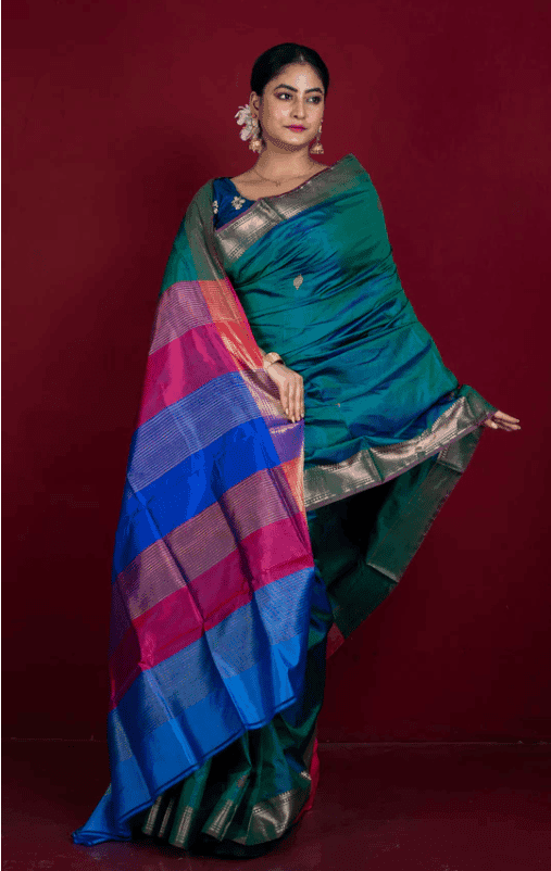 Green and Blue Pure Handloom Tussar Silk Saree with Blouse Piece