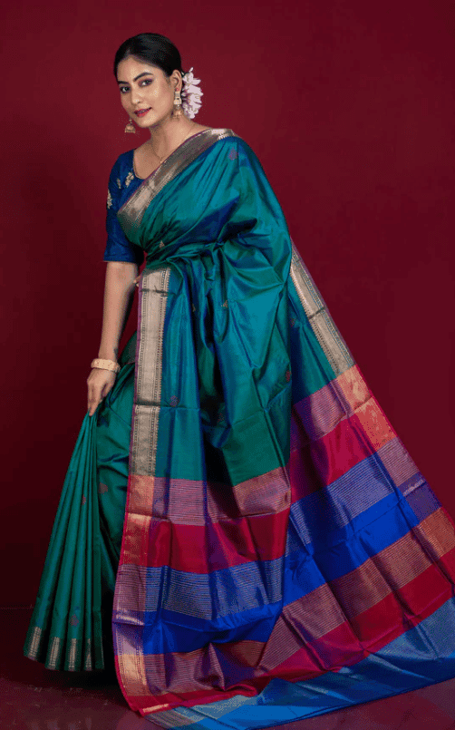 Green and Blue Pure Handloom Tussar Silk Saree with Blouse Piece view 2