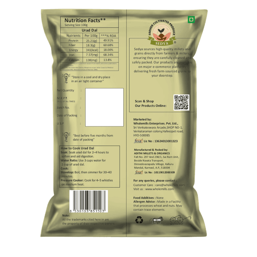 Sedya Premium Urad Dal & Foxtail Millet Combo | Unpolished, Protein & Fiber Rich | 2kg (1kg Each) view 2