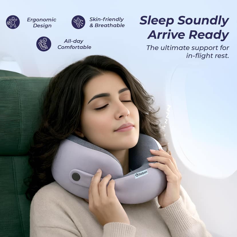Billebon Memory Foam Neck Pillow with Cooling Gel, Snake Shape Travel Pillow with Snap Button, Neck Rest for Travelling & Flight Travel, Ergonomic Support for Comfort & Pain Relief, Grey, Combo Billebon Memory Foam Neck Pillow with Cooling Gel, Snake Sha view 2