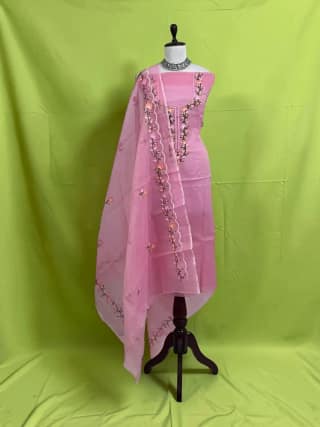Handwoven Kota Doria Dress Material in Rose Pink with Gota Patti