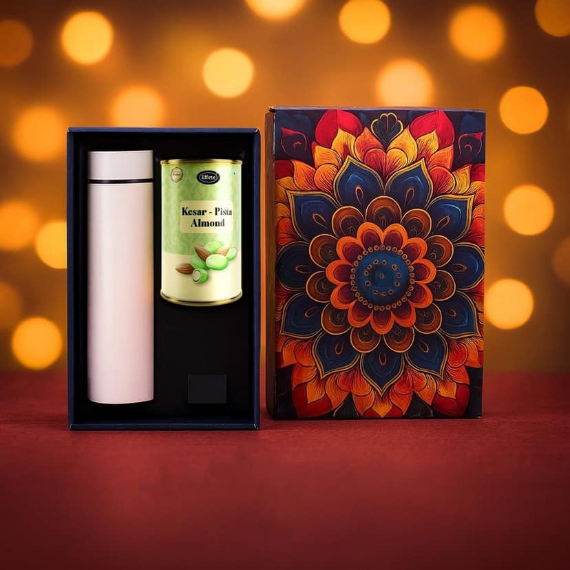 Effete Kesar Pista Almonds Gift Hamper, Golden With Bottle (2 Pc Set) view 2