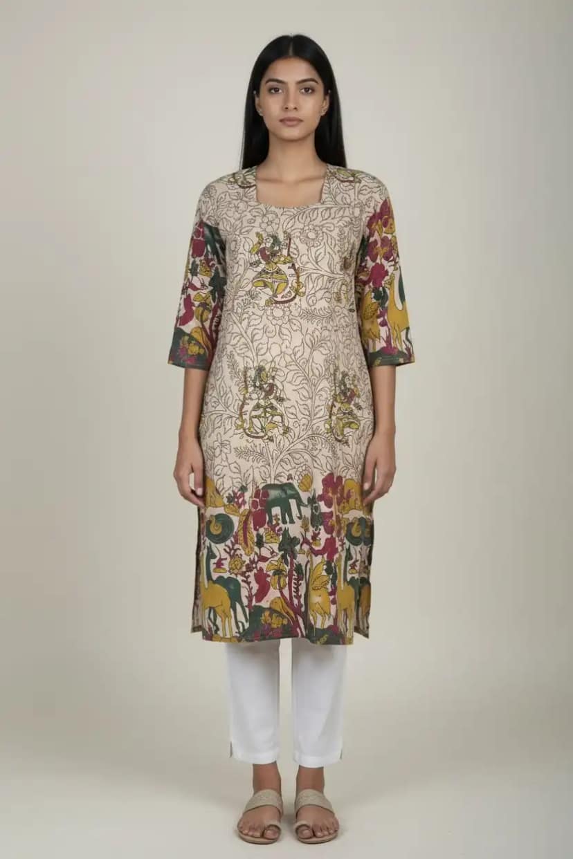 Kalamkari Print Cotton Kurti Cream Yellow Green